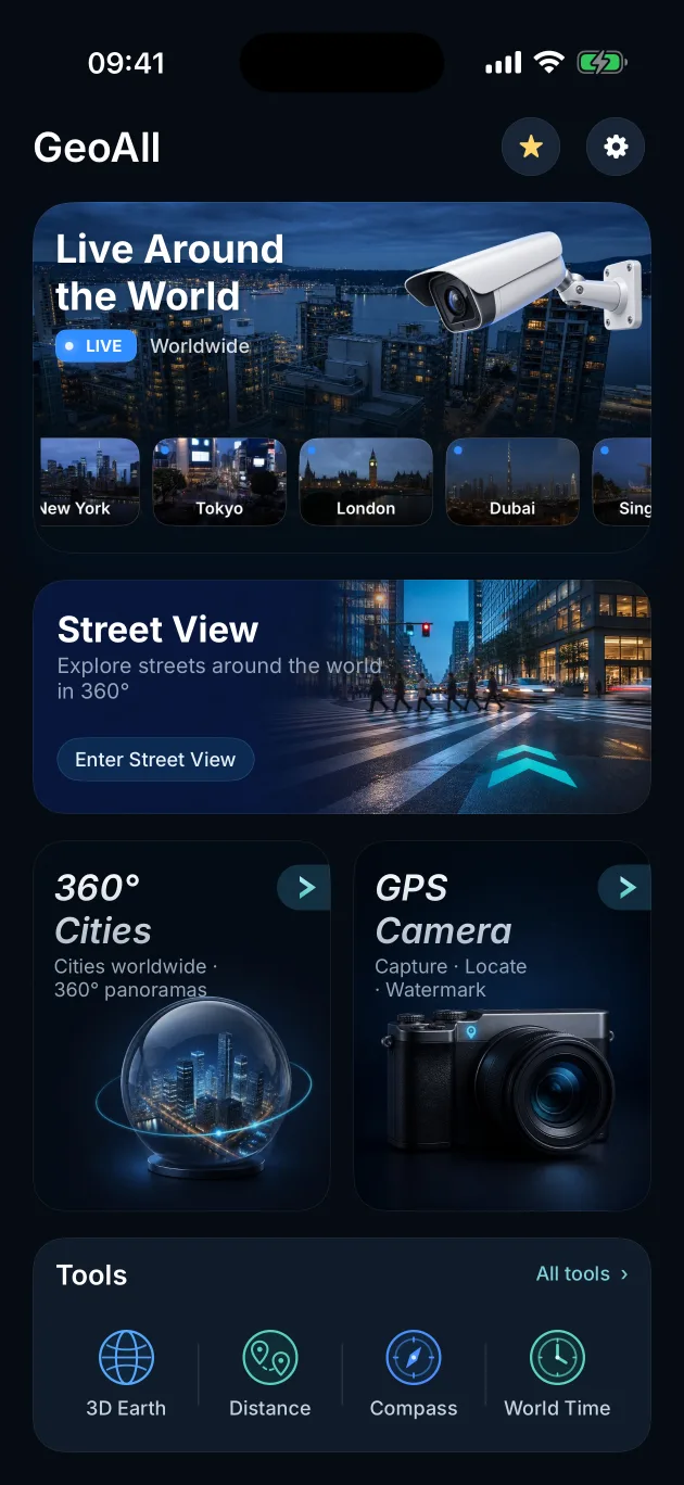 GeoAll home screen in English, showing Live Around the World, Street View, 360° Cities, GPS Camera and Tools.